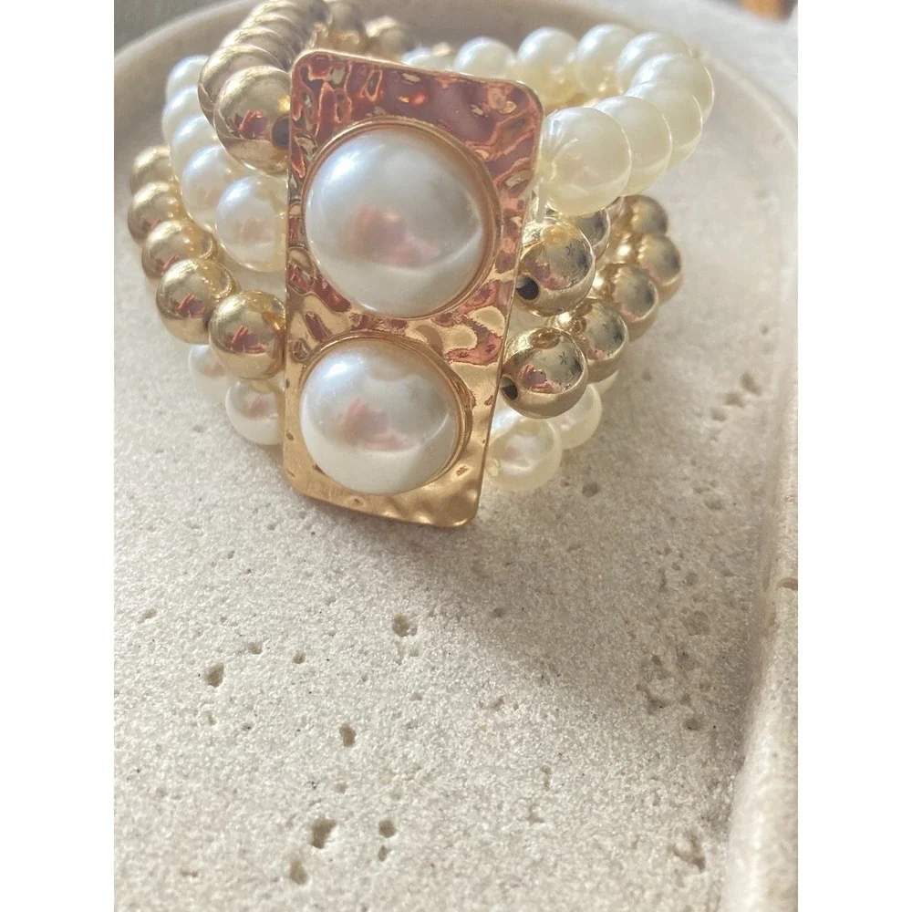 Gold Tone Faux Pearl Stretch Bracelet‎ Set Stacked Beaded Hammered Bold Glam